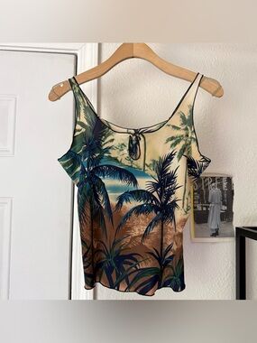 WILDCAT y2k knit tropical palm tree Hawaiian stretchy cami tank cropped top